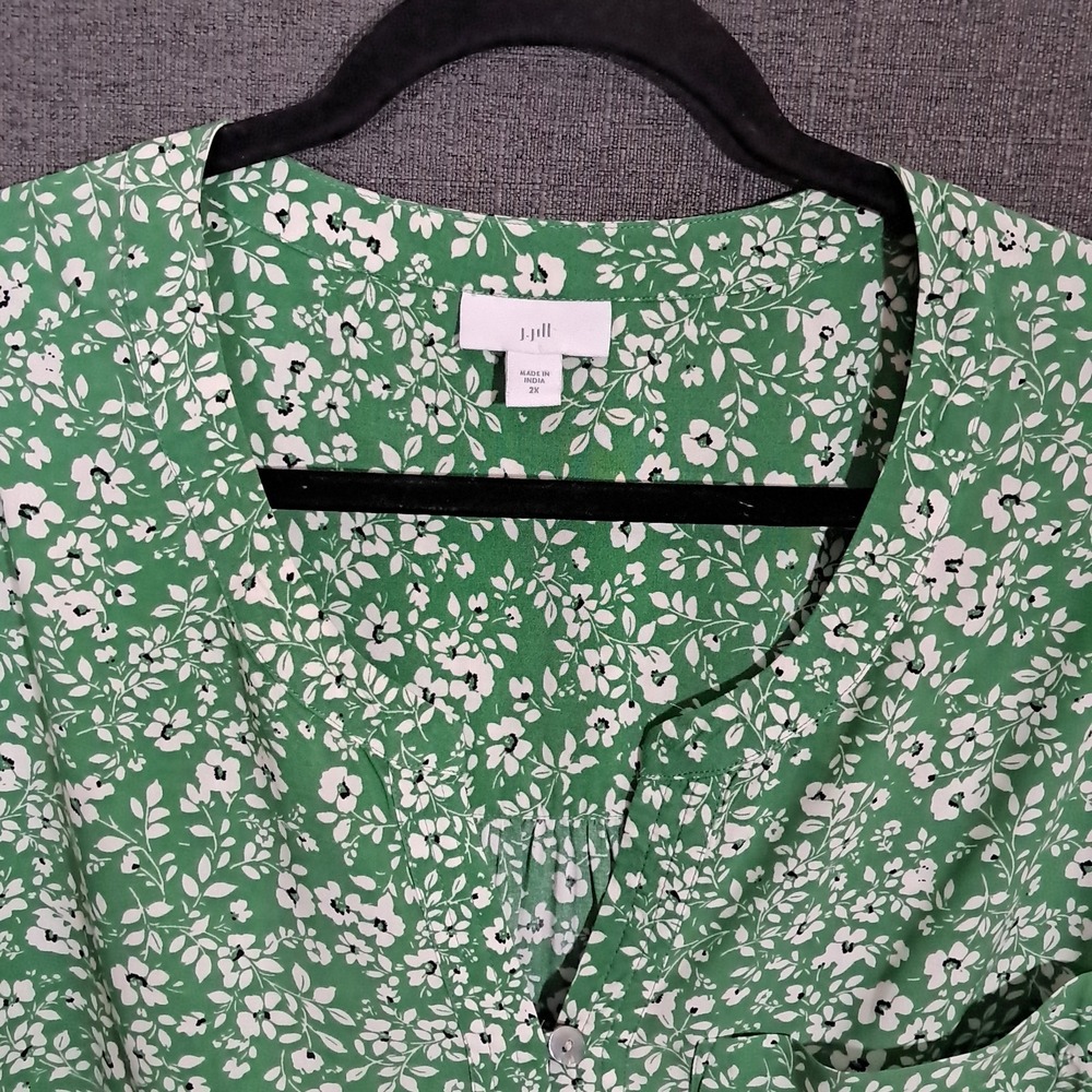 J. Jill Womens Sz 2X Floral Print Popover Blouse Green Office Flowy Long Sleeve - Picture 7 of 13